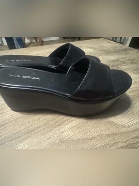 Via Spiga Black Wedge Platform Slide Sandals